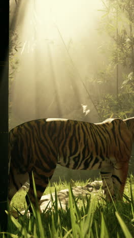 a tiger stands in a bamboo forest