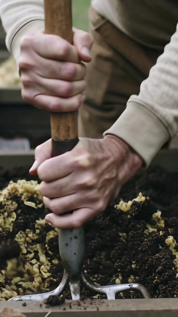 Video verticale: Impugnando un forcone, mani che girano il compost in un contenitore rialzato per aerare e mescolare le bucce, indossando una camicia