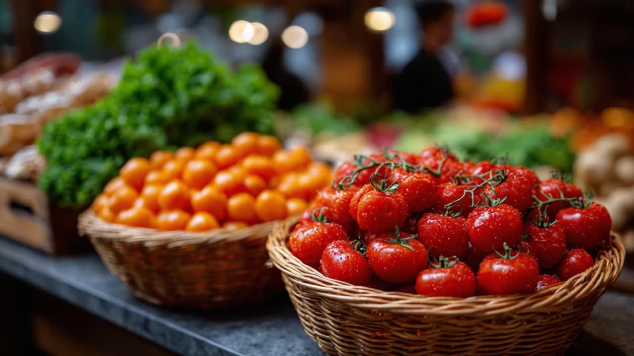 Vibrant Display of Fresh Produce at a Local Market Featuring Baskets of Juicy Strawberries and Radiant Oranges Surrounded by Lush Green Vegetables