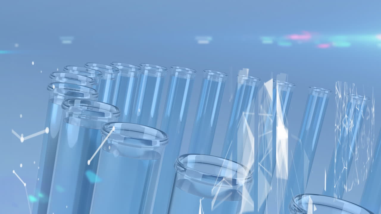 파란색 액체로 실험실 시험 튜브에 대해 떠있는 연결의  ⁇ 색 네트워크의 애니메이션