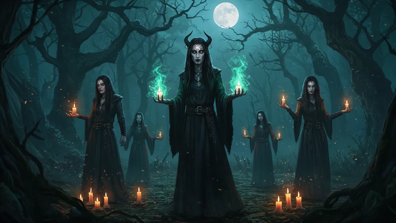 A Mysterious Gathering of Enigmatic Figures in a Dark, Moonlit Forest, Surrounded by Wisps of Green Energy and Flickering Candles, Evoking an Atmosphere of Magic and Intrigue