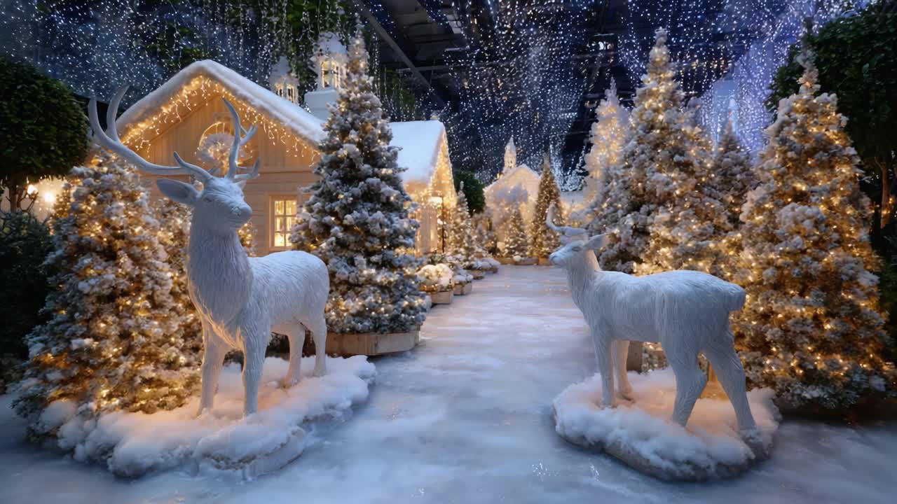 Enchanting Winter Wonderland with Majestic Reindeer and Beautifully Decorated Christmas Trees Illuminated by Twinkling Lights