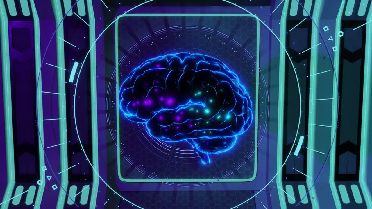 3D animation of glowing brain with geometric abstract pattern, sci fi ai concept
