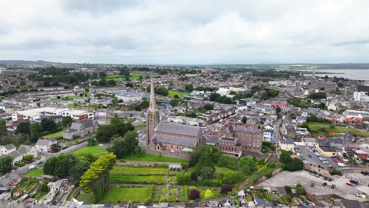 Aerial view of Wexford's Church of the Assumption, serene landscape mood