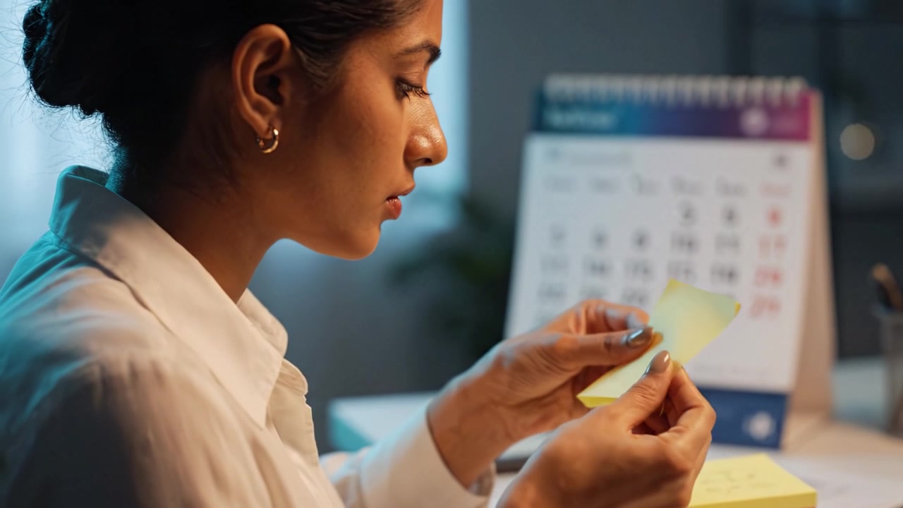 Focused Woman Organizing Sticky Notes at Workspace with a Calendar in Background, Demonstrating Time Management and Productivity Techniques in Action