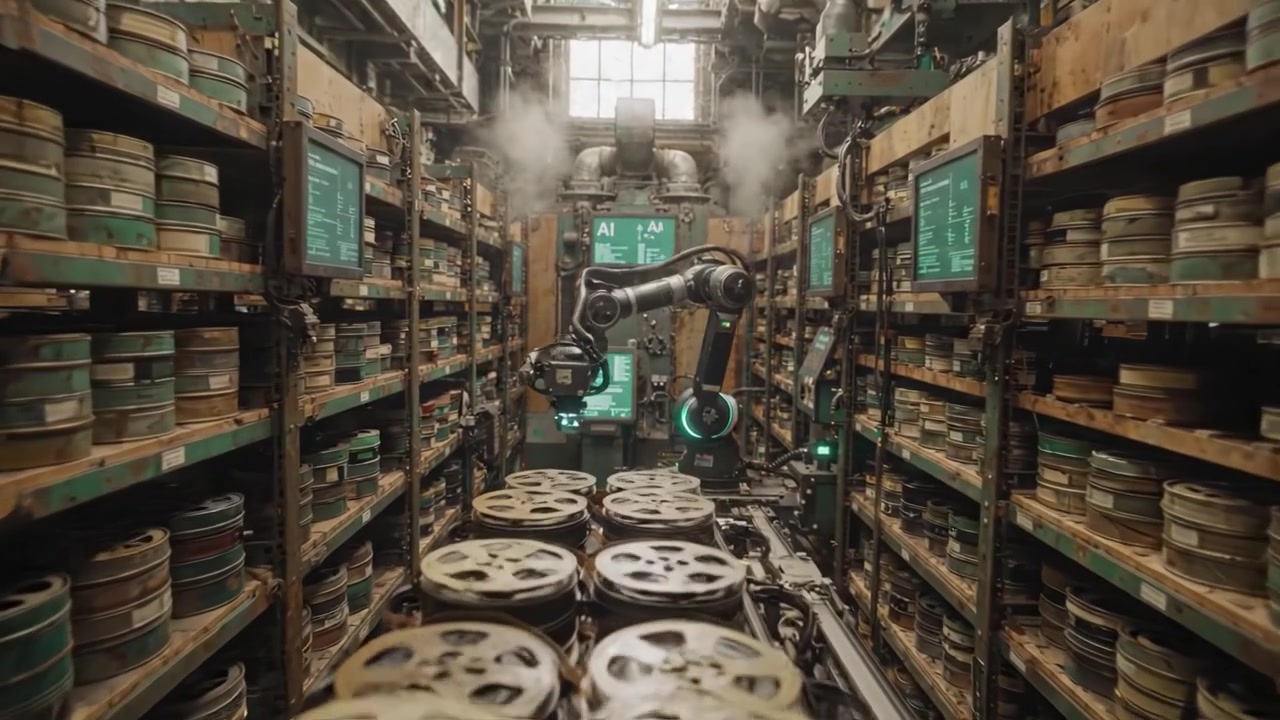 An industrial robot operates within a high-tech archive, managing film reels and digital interfaces in a steampunk-inspired environment filled with technology.