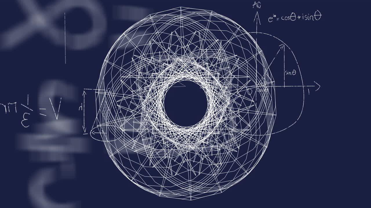 Geometric shapes and mathematical equations animation over dark blue background