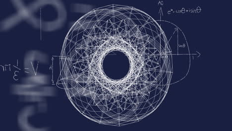 geometric shapes and mathematical equations animation over dark blue background