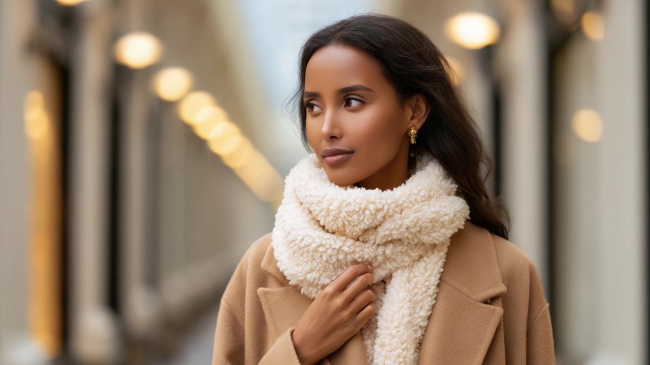 Donna elegante in abiti invernali caldi con una sciarpa accogliente che posa in un vicolo urbano estetico pieno di illuminazione soffusa e stile.