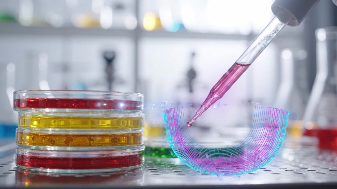 Piastre di Petri colorate e attrezzature da laboratorio in un ambiente di ricerca scientifica che evidenzia esperimenti chimici e l'interazione dei materiali nella scienza moderna.