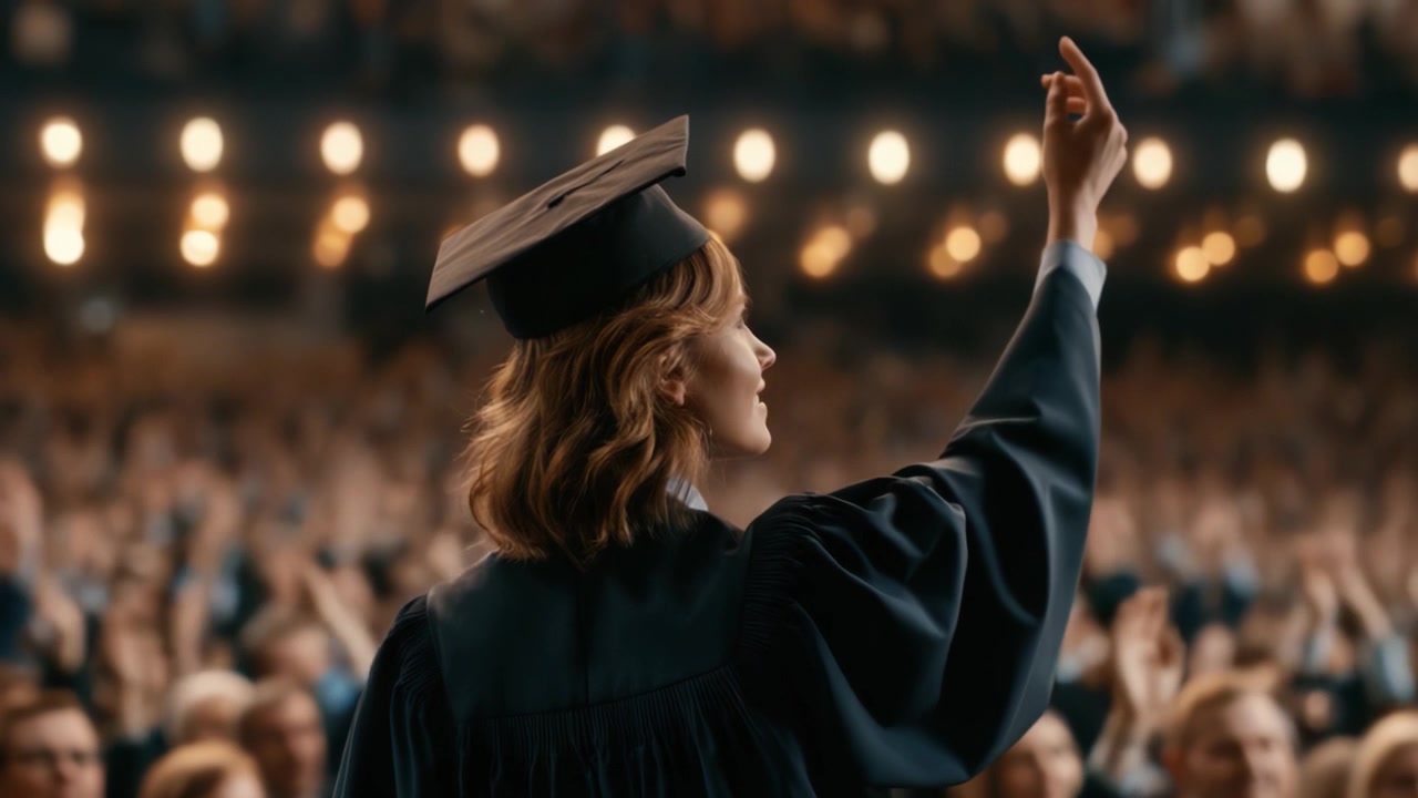Celebrating Achievement: A Graduate in Cap and Gown Waves to an Enthusiastic Audience at a Commencement Ceremony, Marking a Significant Milestone in Education and Life