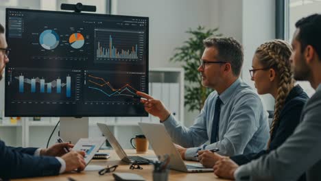 engaging business meeting: a team analyzes data visualizations and charts on digital display in modern office environment