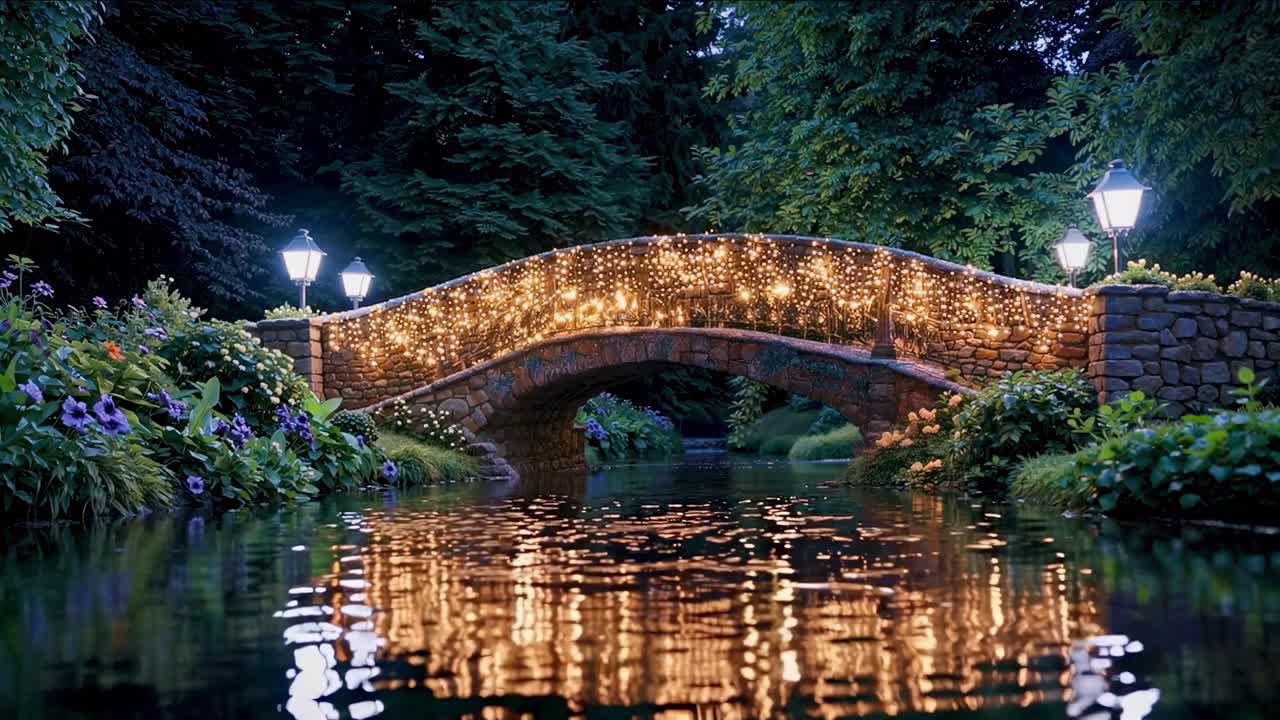 A low-angle video shot of a stone bridge adorned with twinkling lights, reflecting in a tranquil