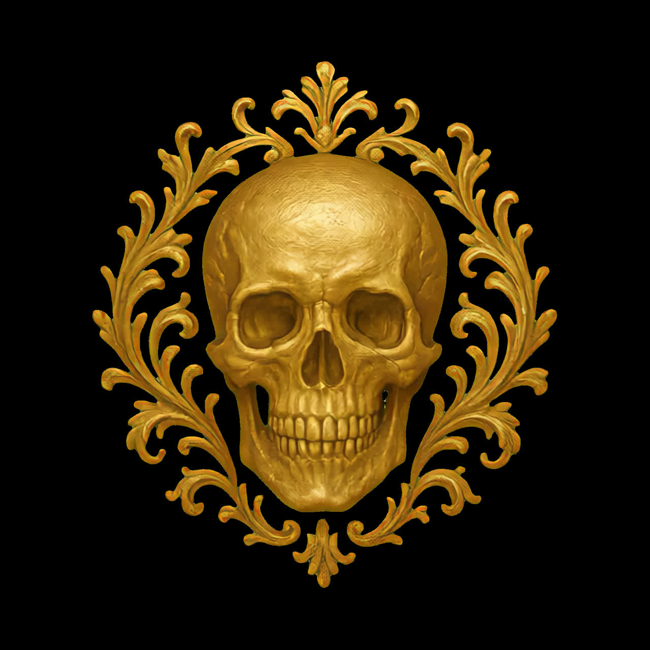 Golden skull with ornate frame animation isolated asset, transparent 4K video, alpha channel, ProRes