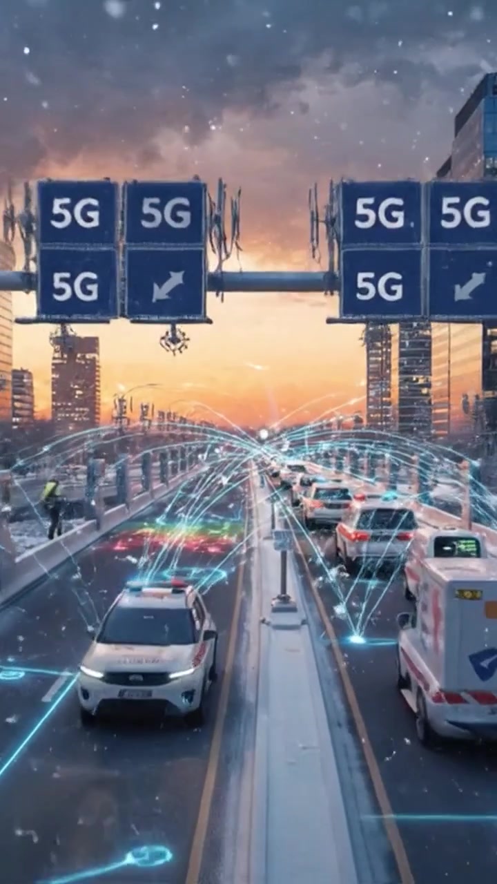 Scena di traffico urbano futuristico che mostra la tecnologia 5G e veicoli intelligenti sotto un cielo innevato al tramonto, evidenziando i progressi nei sistemi di trasporto.