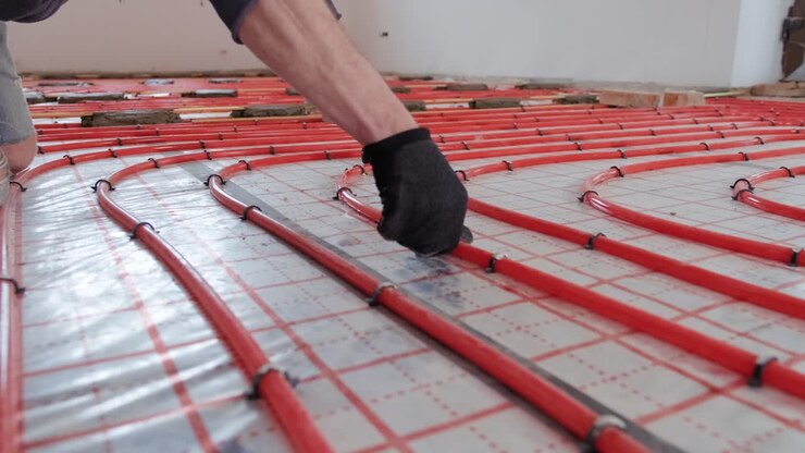 Installing underfloor heating pipes for water heating. Heating systems. Pipes for a heat-insulated floor.