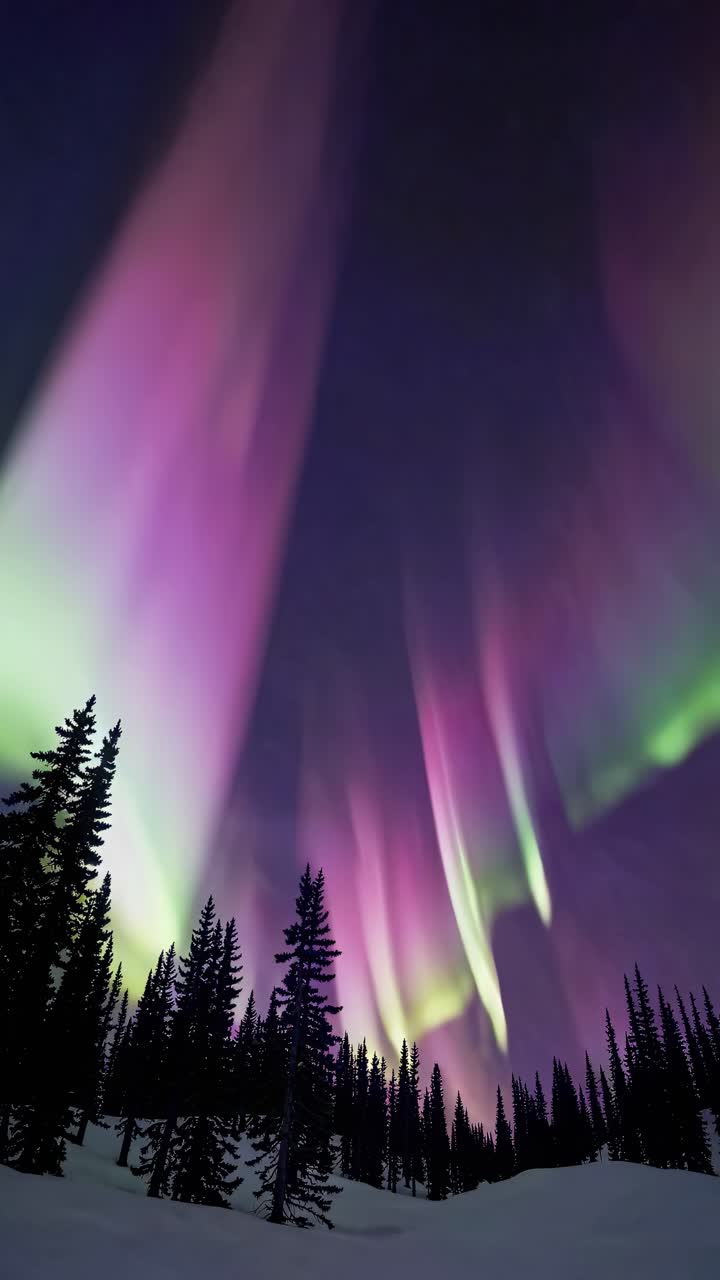 la hipnótica aurora boreal bailando a través del bosque de coníferas cubierto de nieve, iluminando el oscuro cielo nocturno con un brillante resplandor celestial verde, púrpura y rosa
