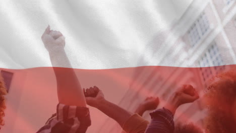 animation of flag of poland over hands of diverse protesters