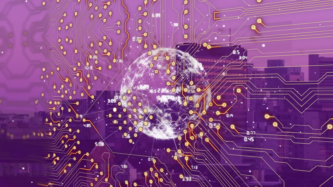 Animation of integrated circuit over globe with connections over purple cityscape