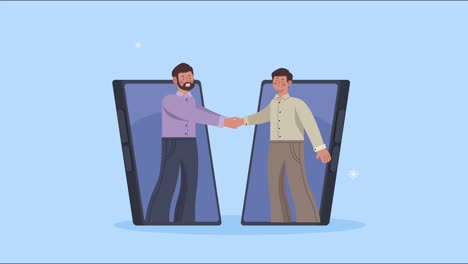 business men with handshake in smartphone animation