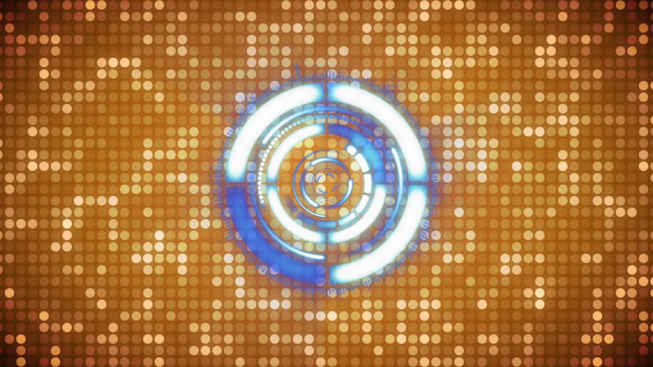 Appearing blue concentric rings over golden dot mosaic, rotating orbiting dots pulsing for scanning