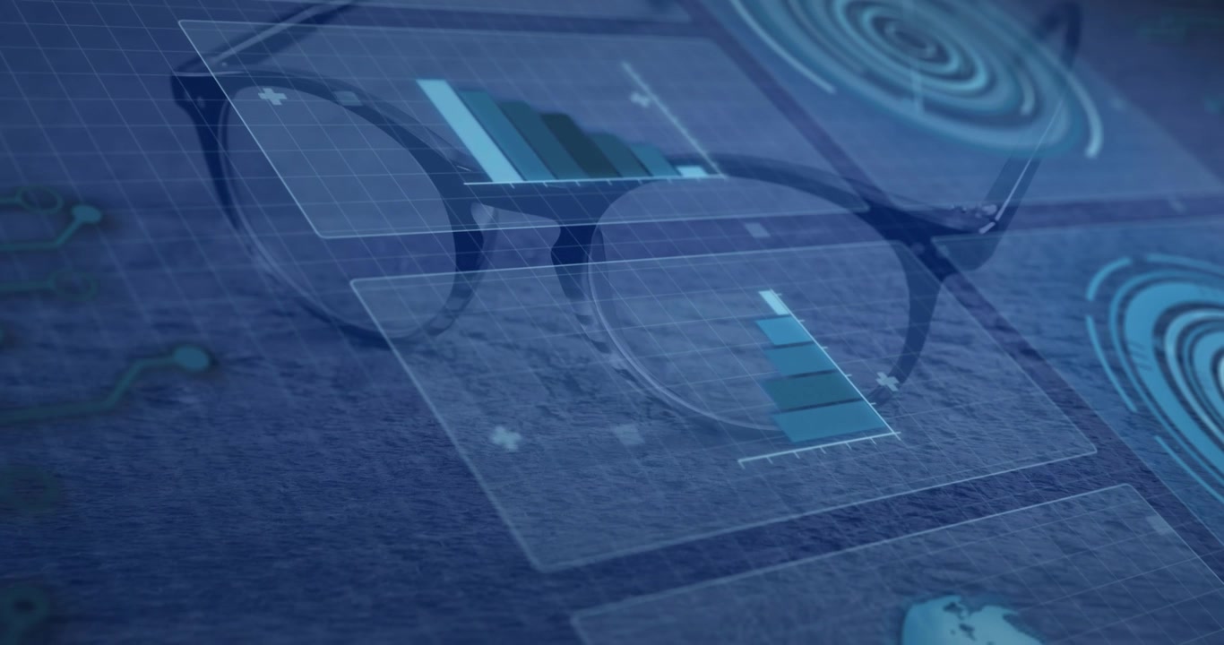 Grid overlay fading in, eyeglasses HUD panels emerging, bar charts filling visualizing data trends