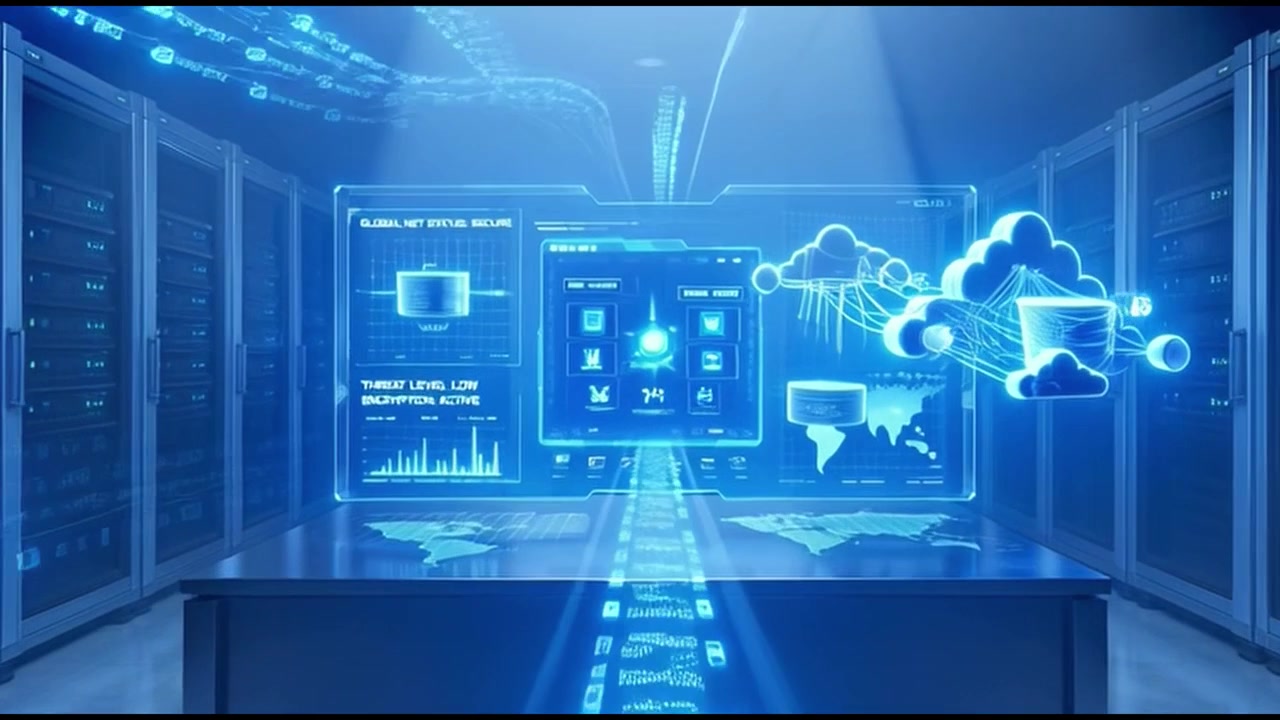 Digital Data Visualization in a Futuristic Server Room