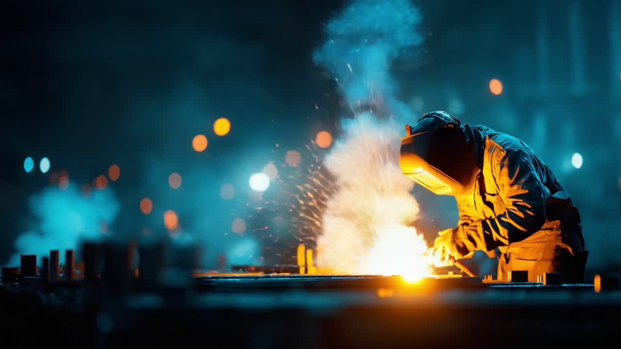 An Intense Focus on Welding: Capturing a Skilled Tradesperson in Action as They Work with Sparks and Smoke in a Vibrant Industrial Setting