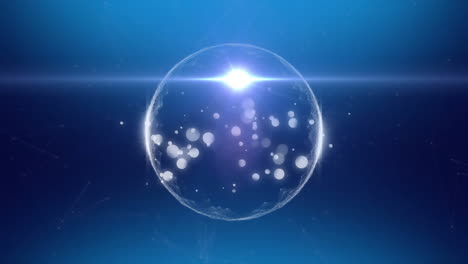 animation of white spots forming glow and glowing spot with lens on blue background