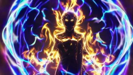 fiery figure in a colorful aura