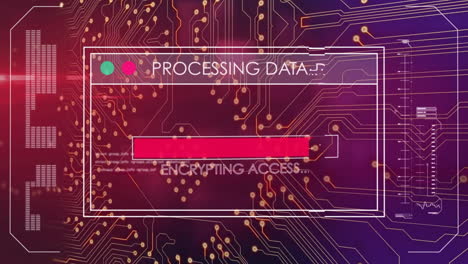 animation of text and data processing over screen and circuit board