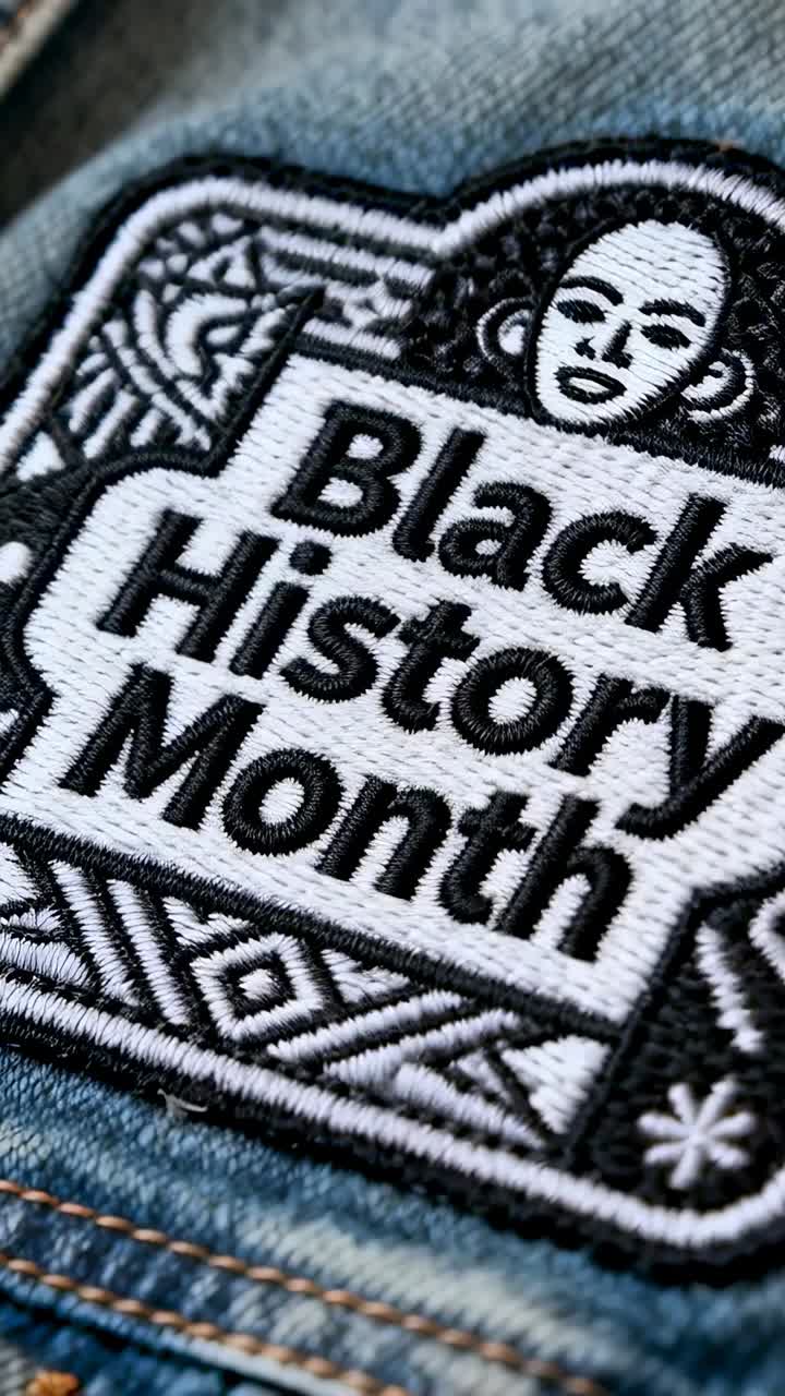 Video verticale: inquadratura in movimento che rivela una toppa sul Mese della storia afroamericana su una giacca di jeans, mostrando la cucitura da vicino