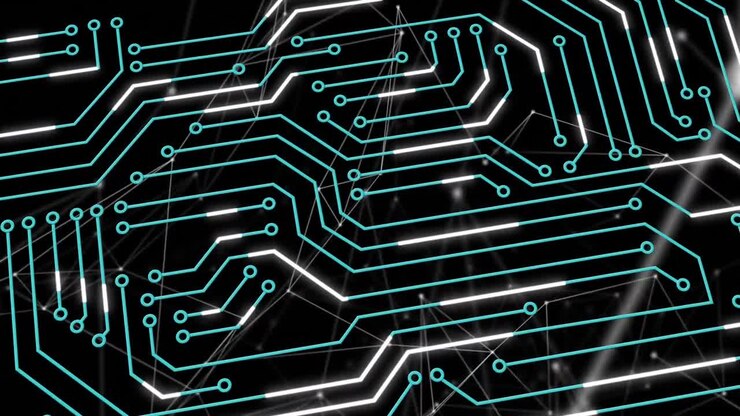 Animazione digitale di connessioni di microprocessore e rete di connessioni su sfondo nero.