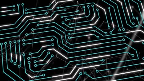 digital animation of microprocessor connections and network of connections against black background