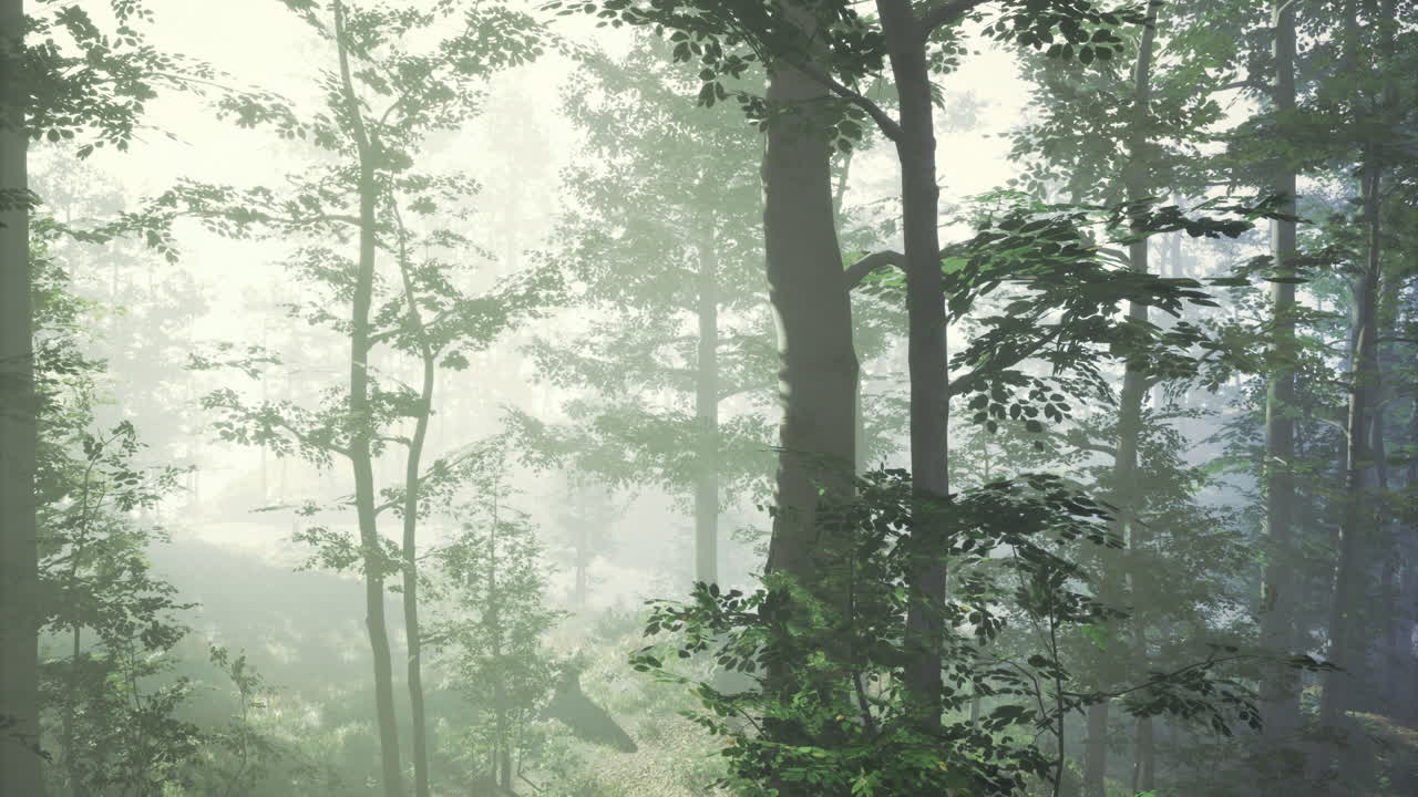 Misty morning light filters through a vibrant green forest in serene nature