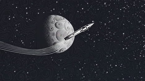 a stylized rocket passing a textured moon in starry space