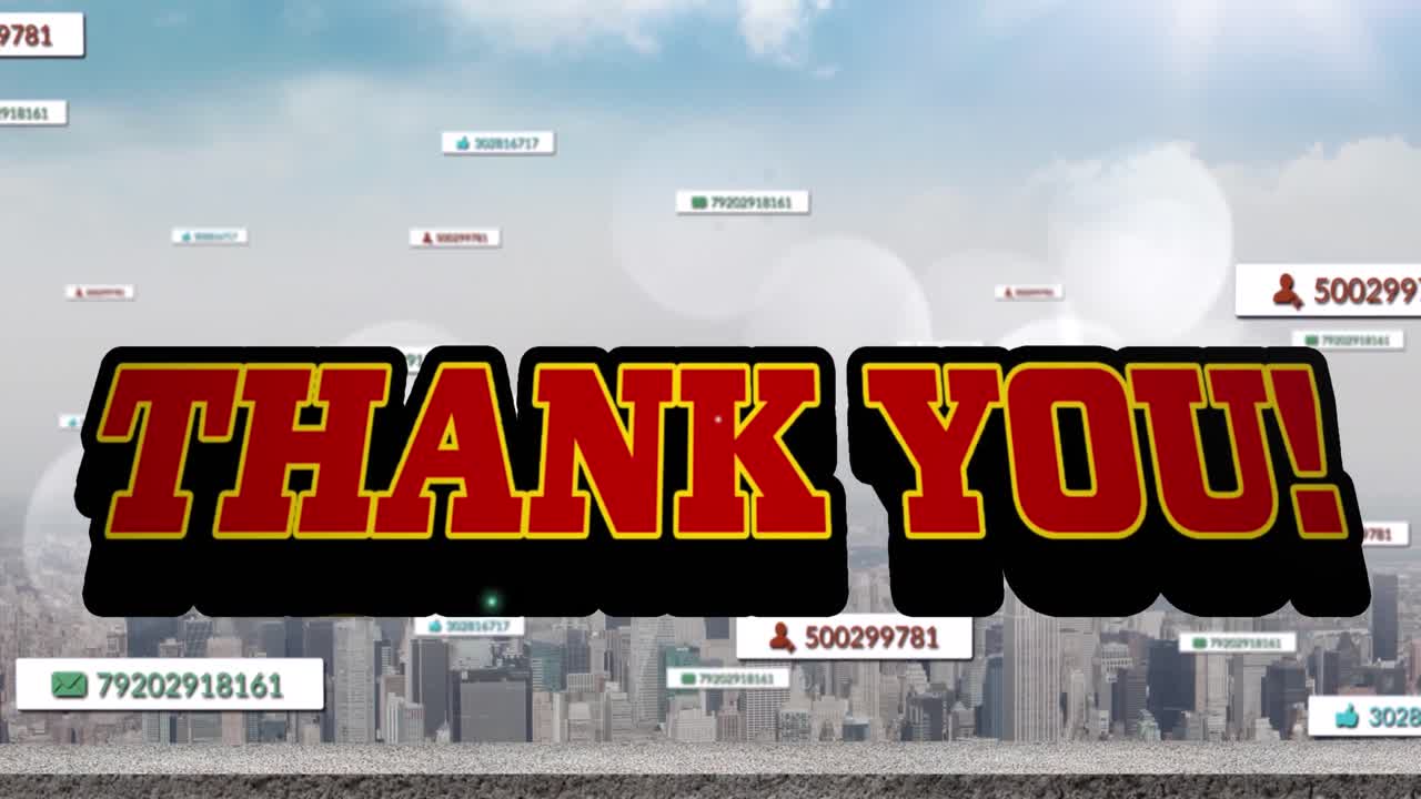 도시 풍경 위에서 성장하는 감사 텍스트와 숫자의 애니메이션