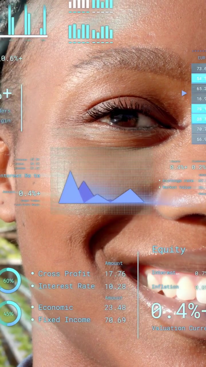Vertical video: Woman opening eye activating finance AR aligning face sliding stats checking assets