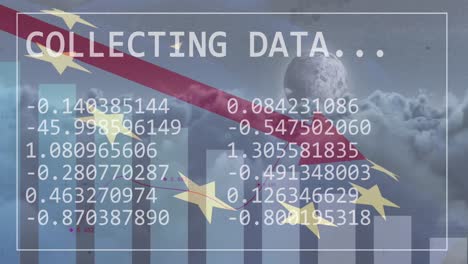 animation of statistics and data processing over waving flag of european union