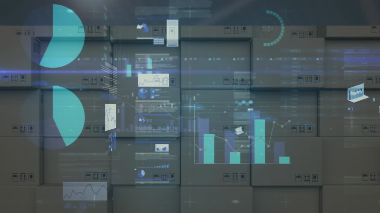 animación del procesamiento de estadísticas sobre una pila de cajas de cartón en el fondo