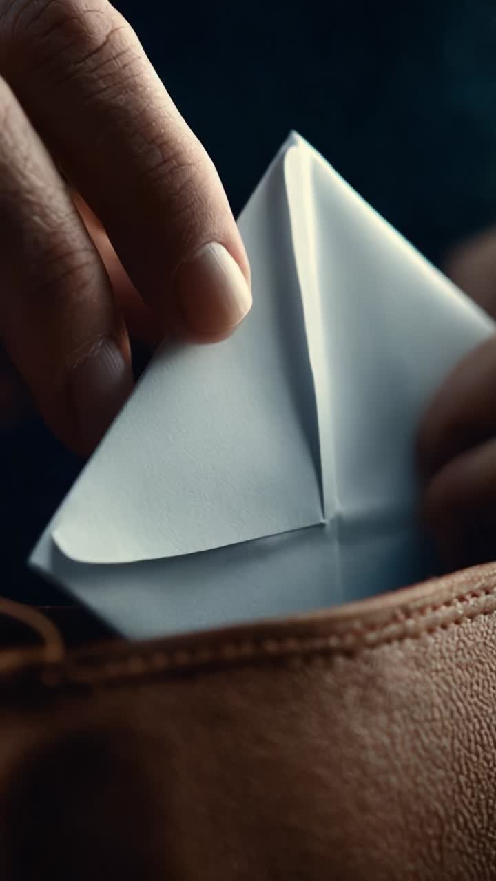 Una mano tiene delicatamente un biglietto mentre viene estratto con cura da un portafoglio in pelle marrone, mettendo in risalto l'intimità e l'attesa di un messaggio personale