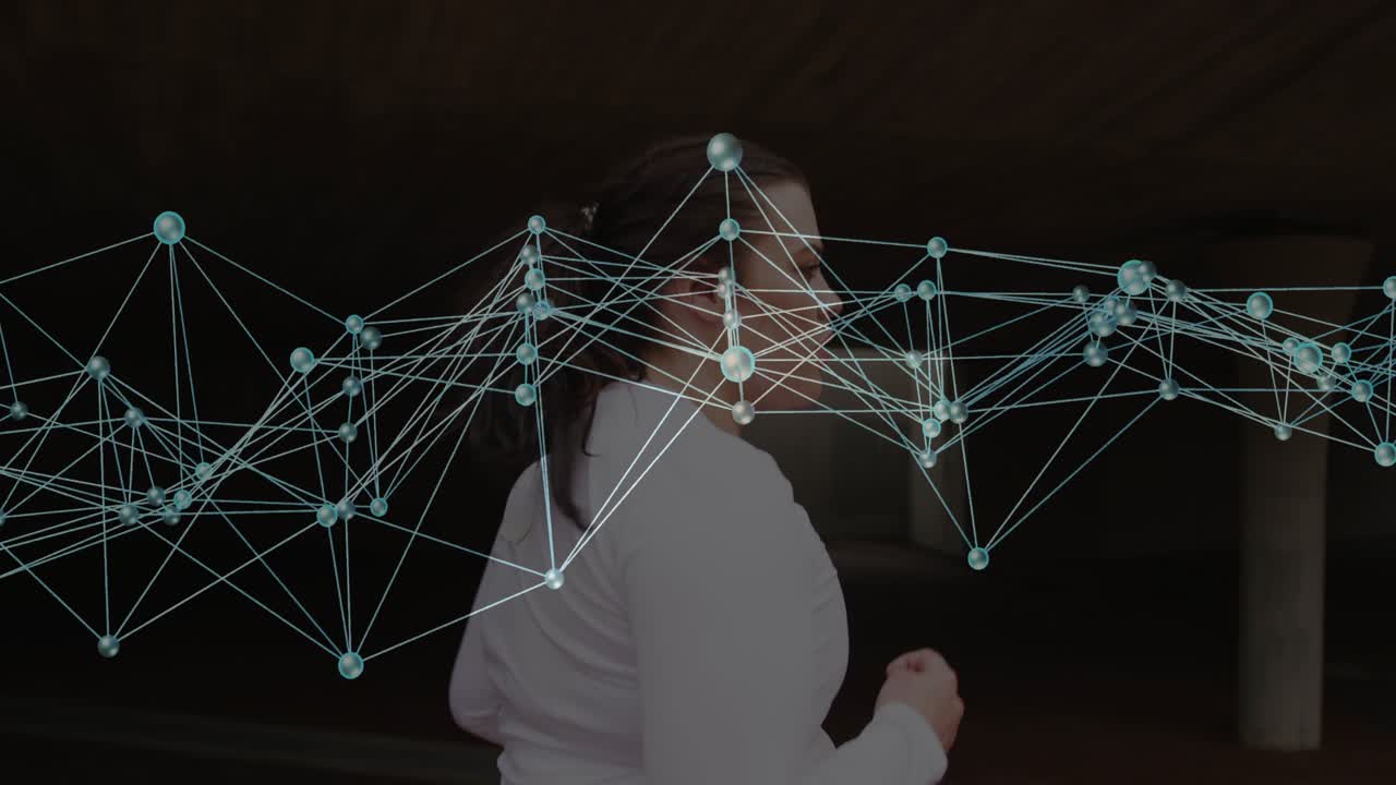 Woman jogger entering left jogging across garage nodes tracking torso wrist device showing fitness