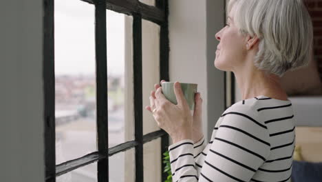 Schöne-Frau-Mittleren-Alters,-Die-Zu-Hause-Kaffee-Trinkt-Und-Einen-Erfolgreichen-Ruhestand-Genießt-Und-Aus-Dem-Fenster-Schaut-Und-Vorausplant.-Reife-Frau-In-Einem-Trendigen-Apartment-Loft