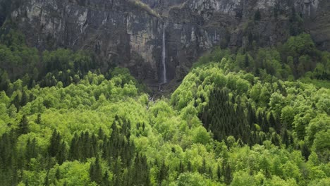 Magnificent-waterfall-plunges-from-rocky-cliff-nestled-with-lush-vegetation