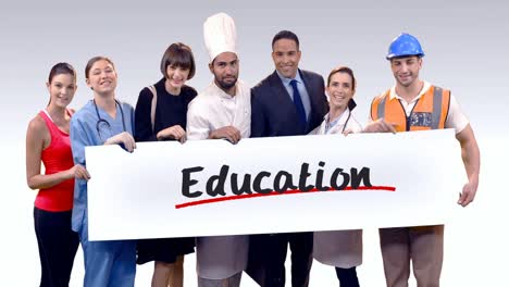 various professional holding placard of education text