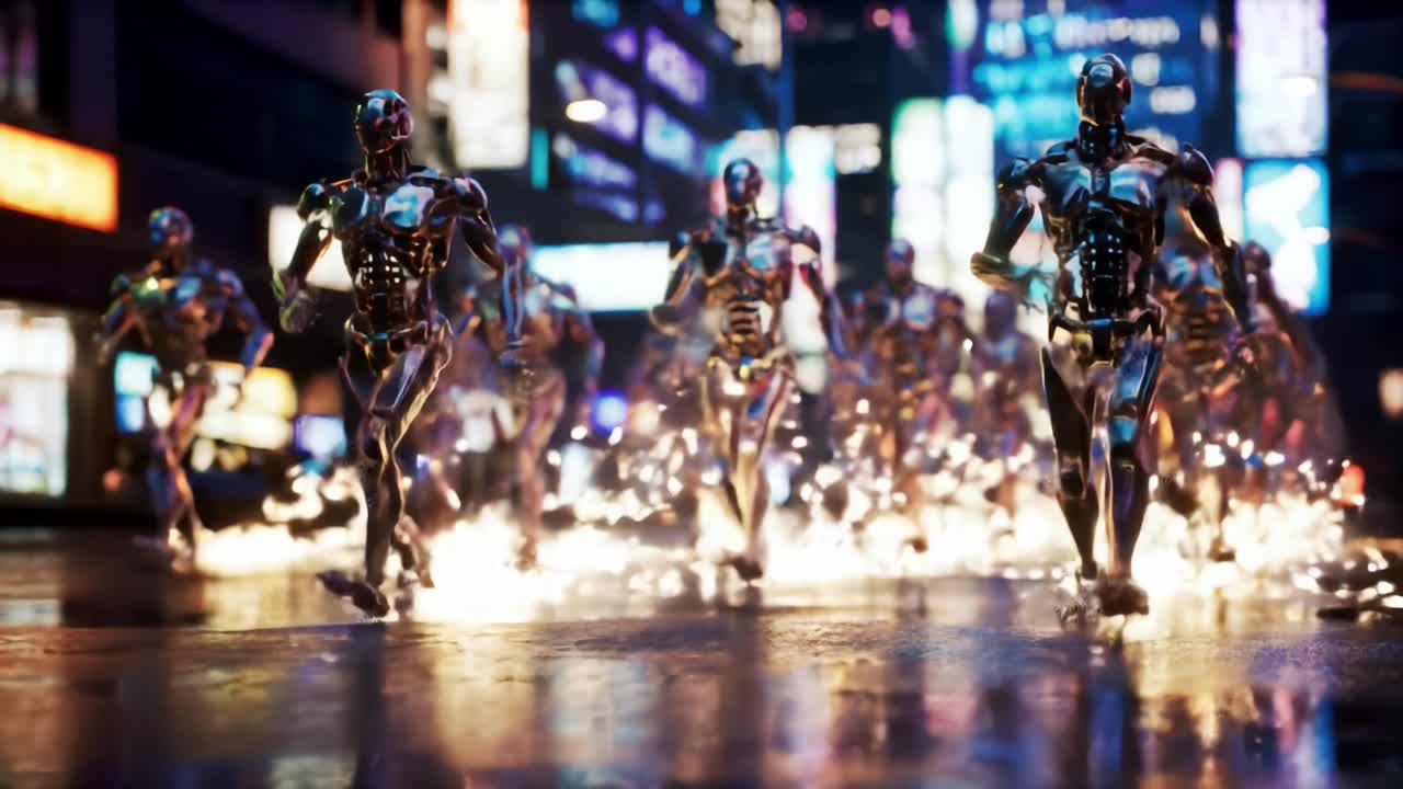 A Thrilling Chase Through a Futuristic City: A Group of Sleek Robots in Full Speed, Igniting Sparks as They Race on a Vibrant, Neon-Lit Street