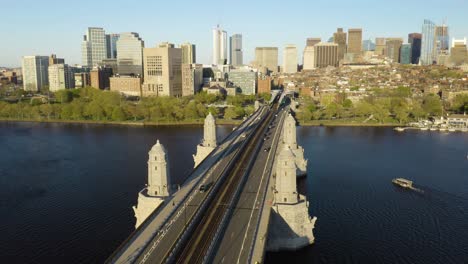 Fixed-Aerial-View-of-Longfellow-Bridge-in-Boston,-Massachusetts-on-Beautiful-Summer-Afternoon