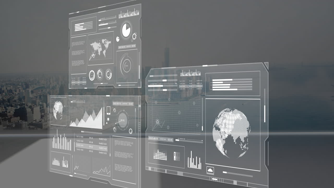Displaying digital data dashboards with animation of graphs over cityscape background