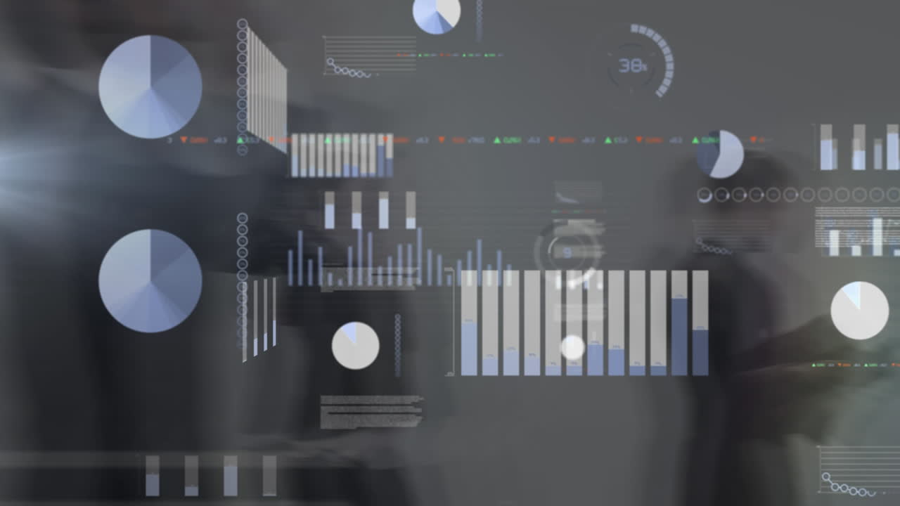 Animation of data processing with people walking in background