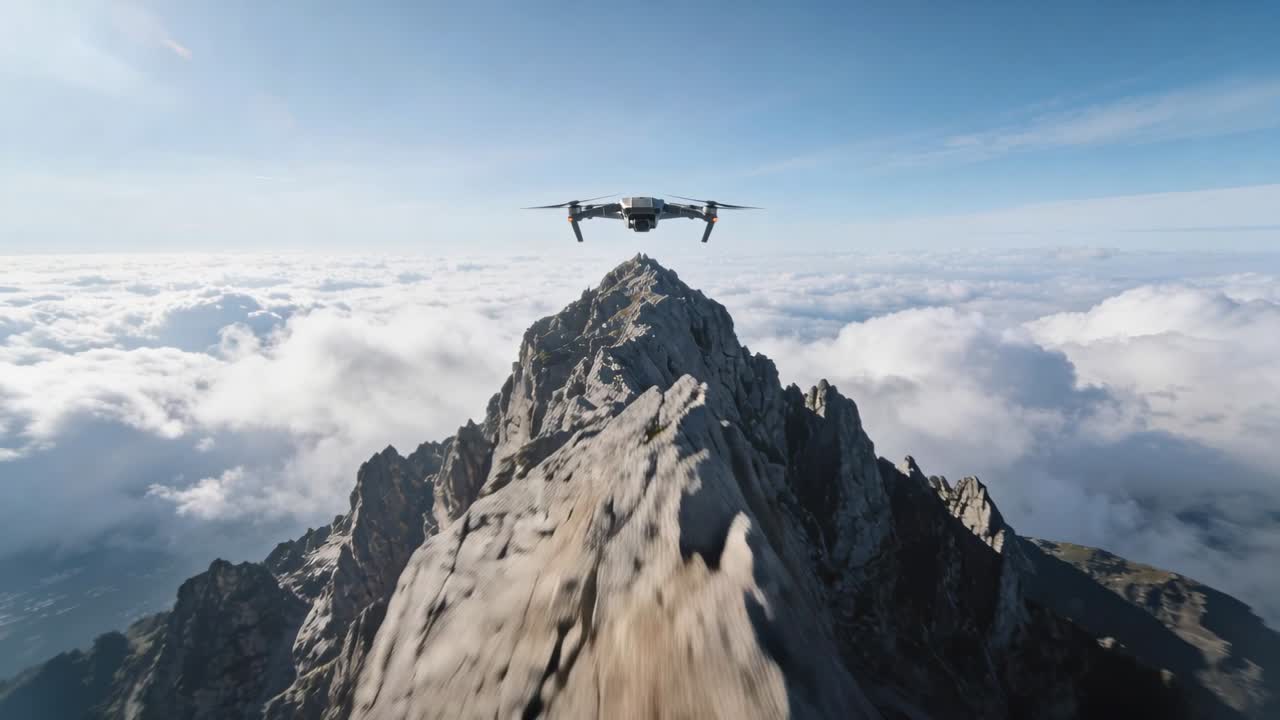 Svævende mini-drone holder sig over alpernes bjergryg, mens kamera sporer fremad og filmer skyer med gimbal.